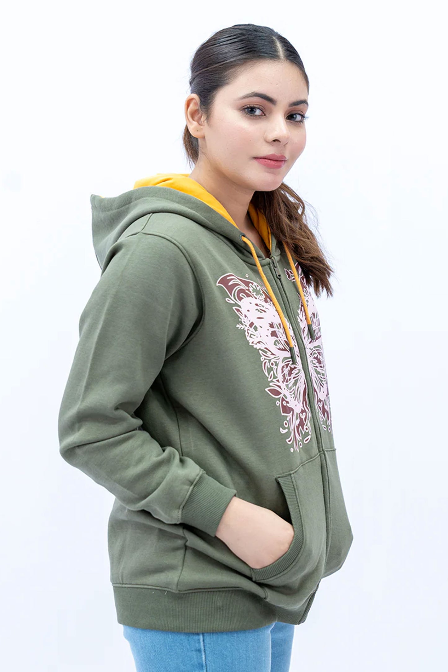 Women Printed Zipper Hoodie - Olive Green
