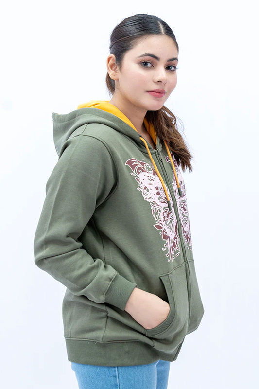 Women Printed Zipper Hoodie - Olive Green