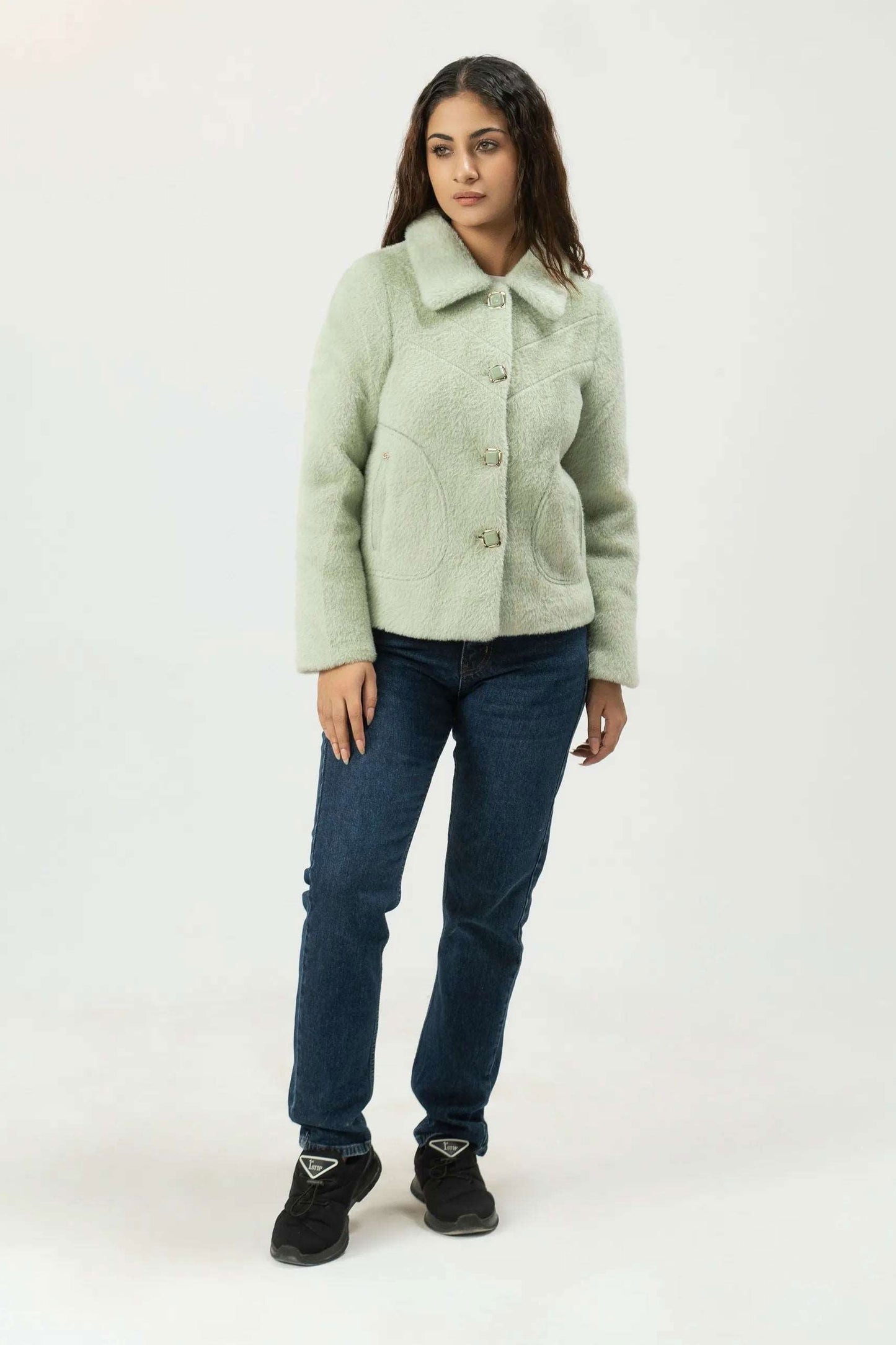 Women Rabbit Wool Coat - Sea Green