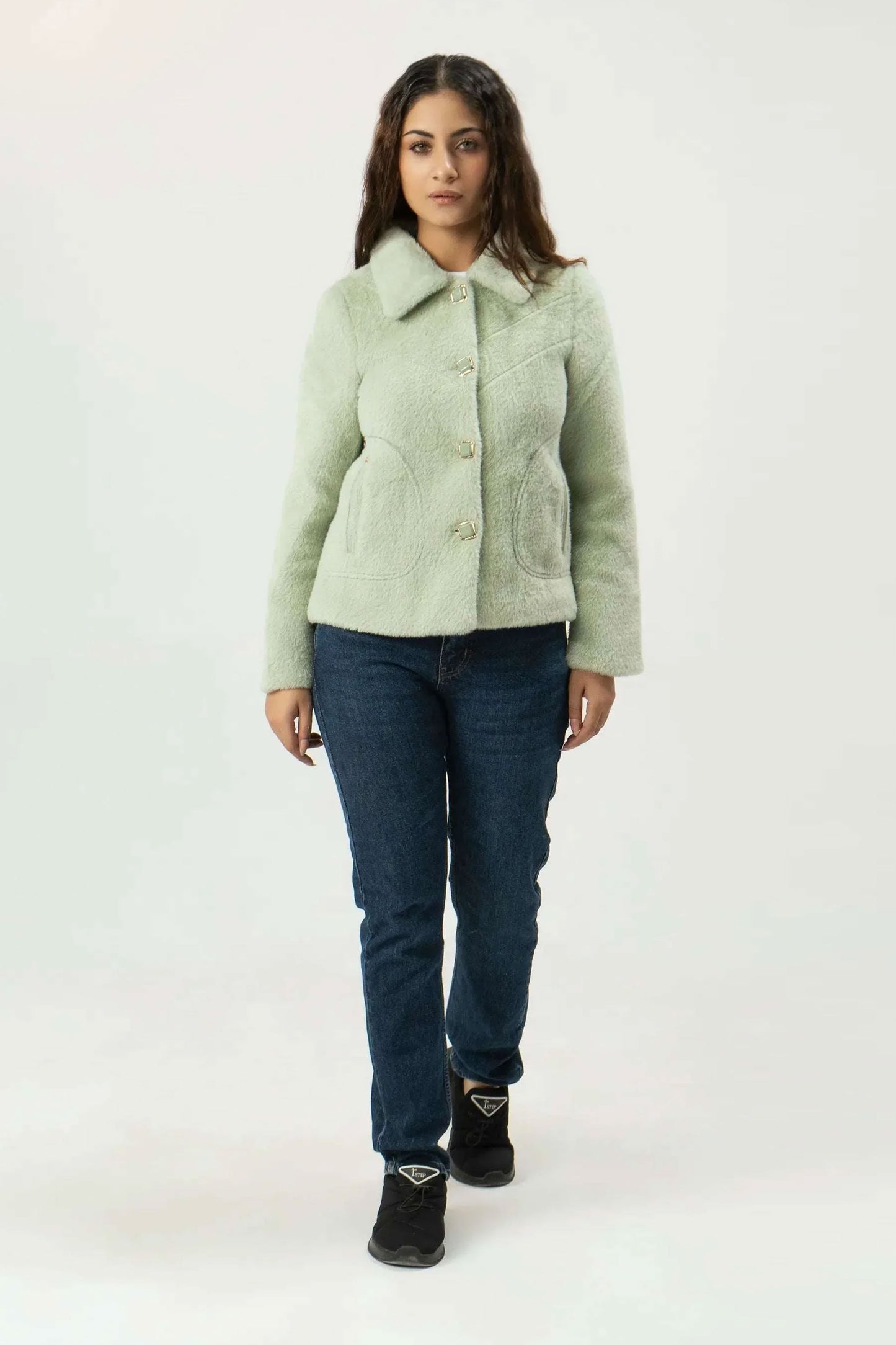 Women Rabbit Wool Coat - Sea Green