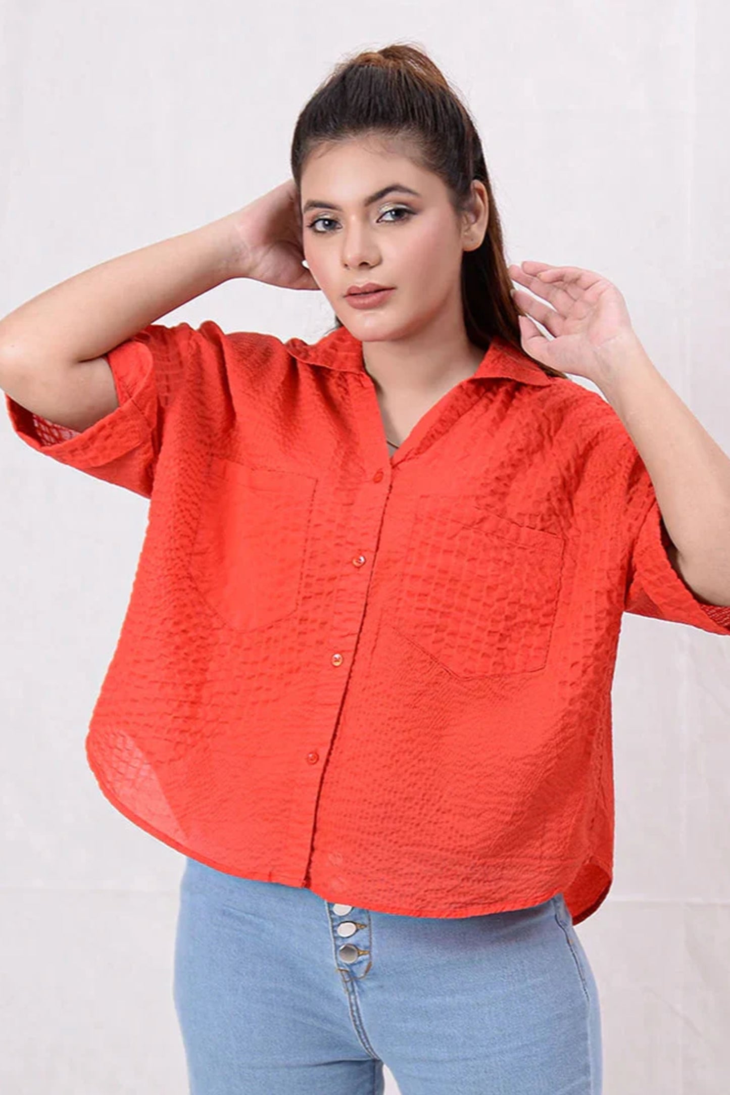 Women Basic Cropped Shirt – Red