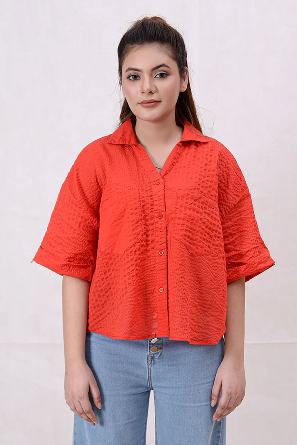 Women Basic Cropped Shirt – Red