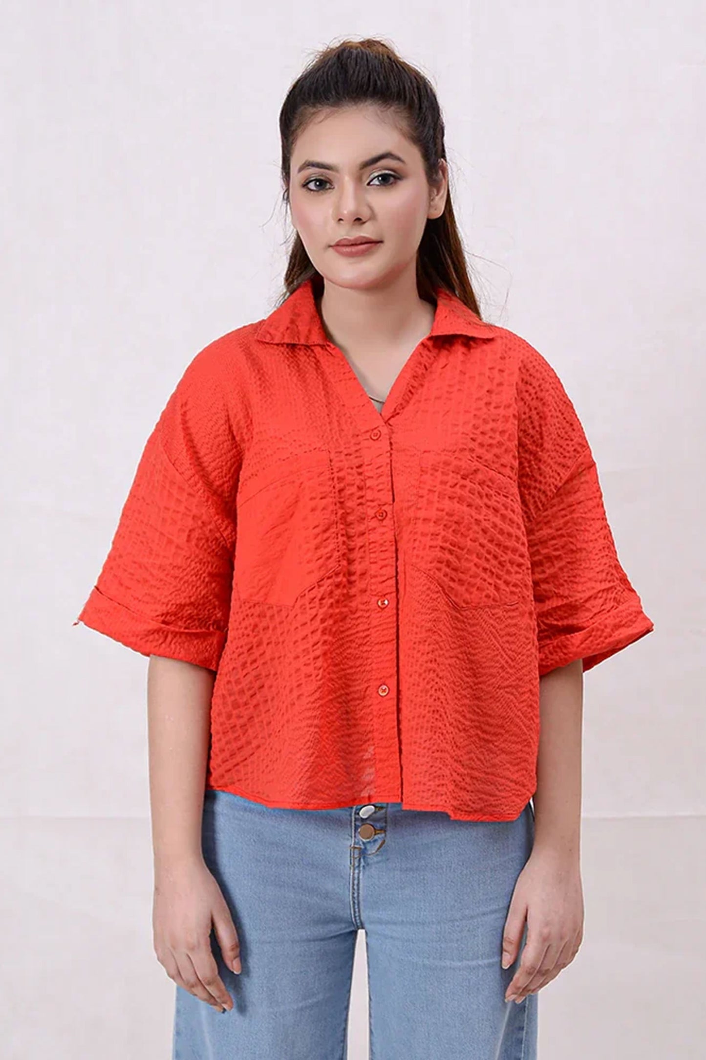 Women Basic Cropped Shirt – Red