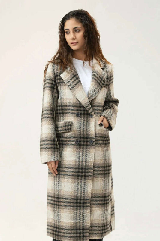 Women Long Wool Tweed Coat - Checkered