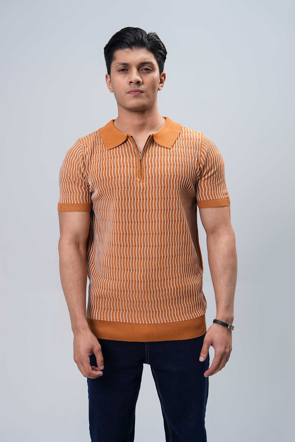 Men’s Essential Plain Knitted Polo Shirt – Golden Brown