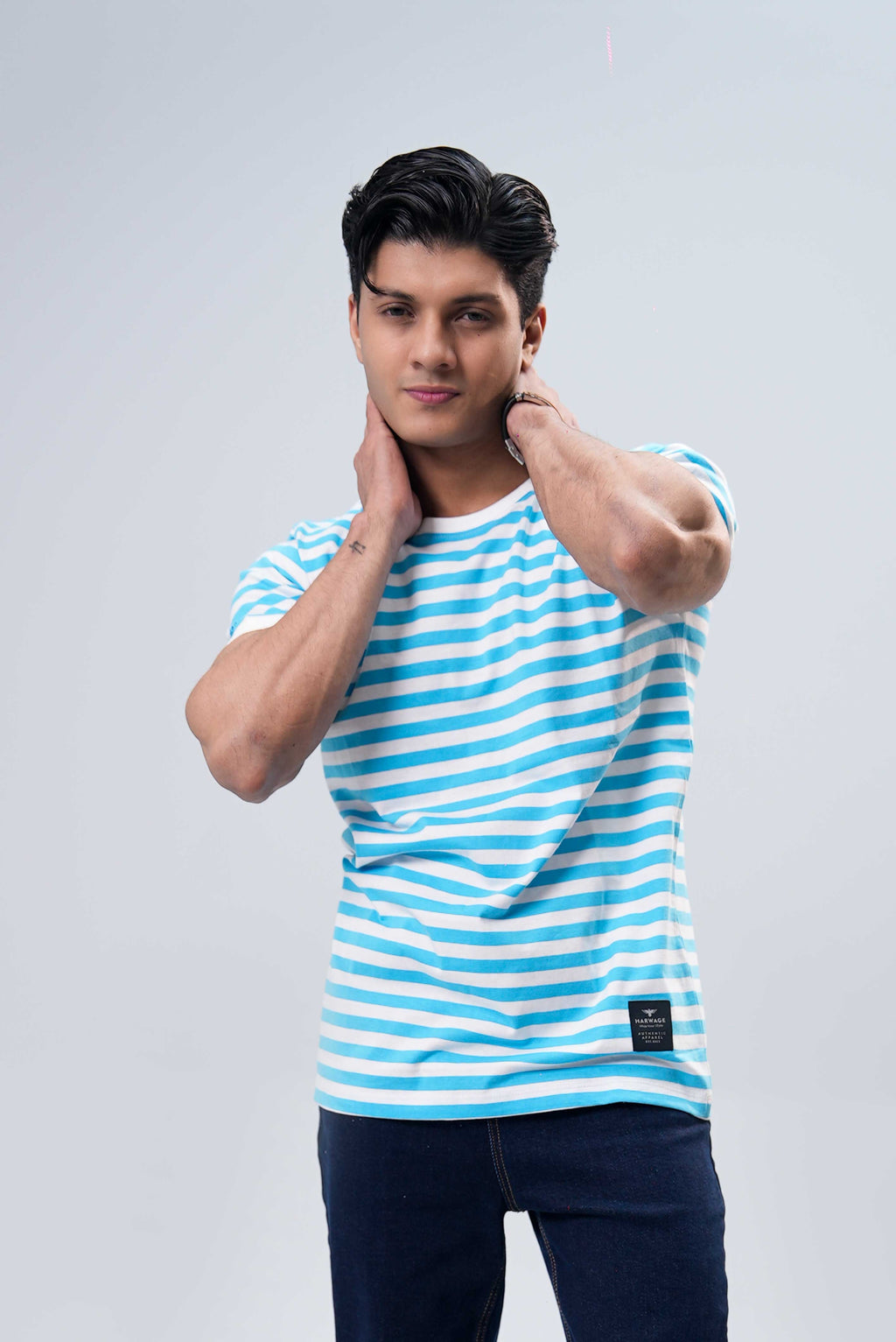 Men's Yarn Dyed Striped T-Shirt - Cyan Blue