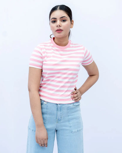 Women Striped T Shirt - Pink