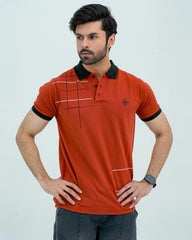 Men Graphic Polo with Contrast Trims - Chocolate Red