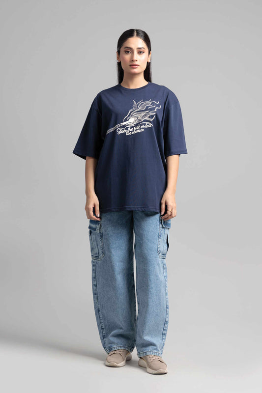 Women Boxy Fit Cotton T-Shirt -  Navy