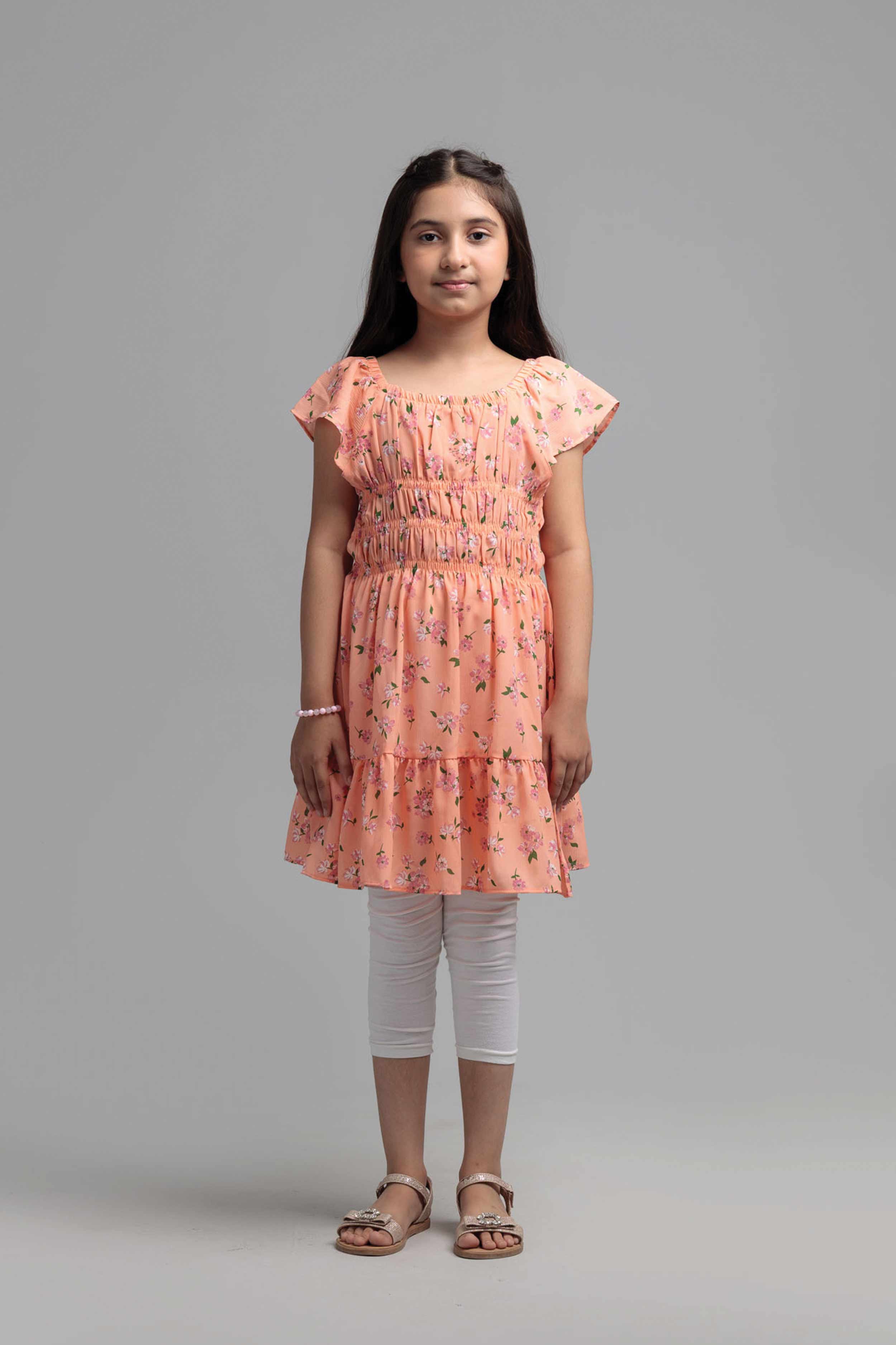Girls' Cotton Blend Long Dress - Peach