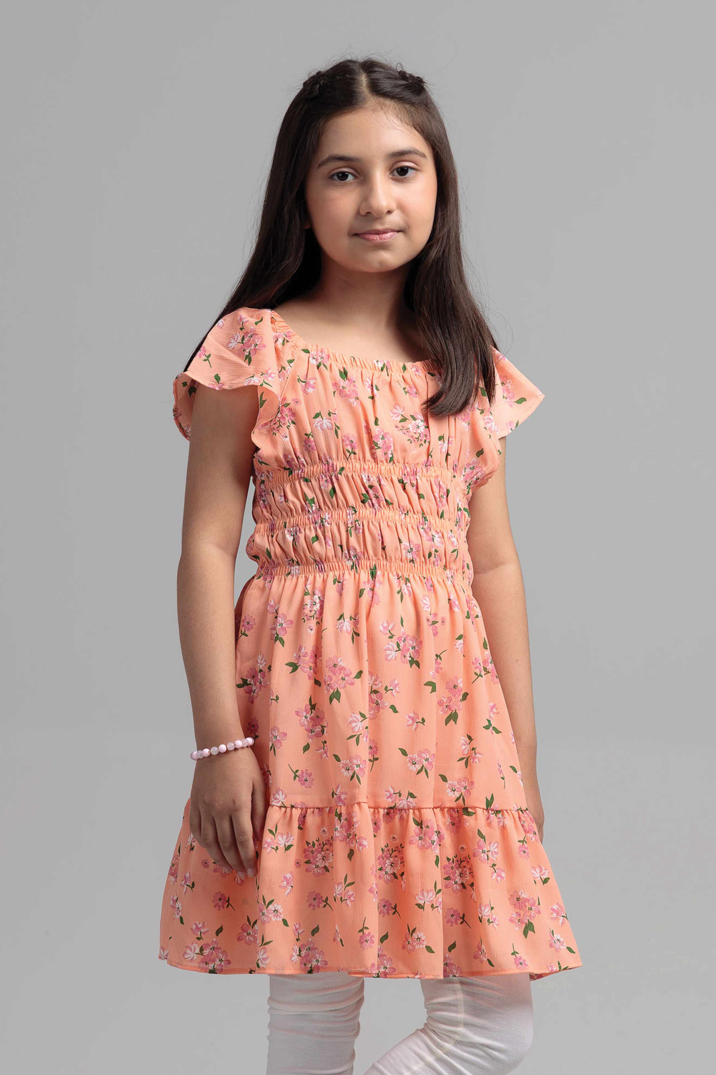 Girls' Cotton Blend Long Dress - Peach