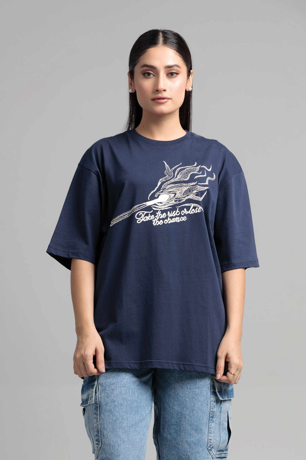 Women Boxy Fit Cotton T-Shirt -  Navy