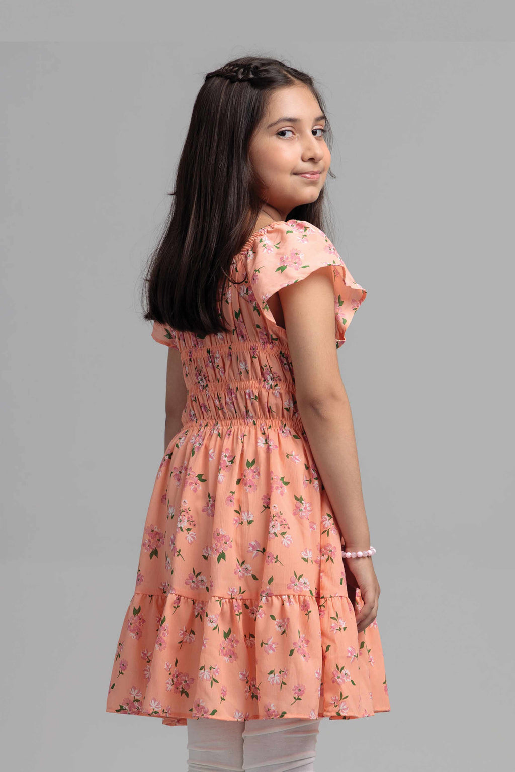 Girls' Cotton Blend Long Dress - Peach