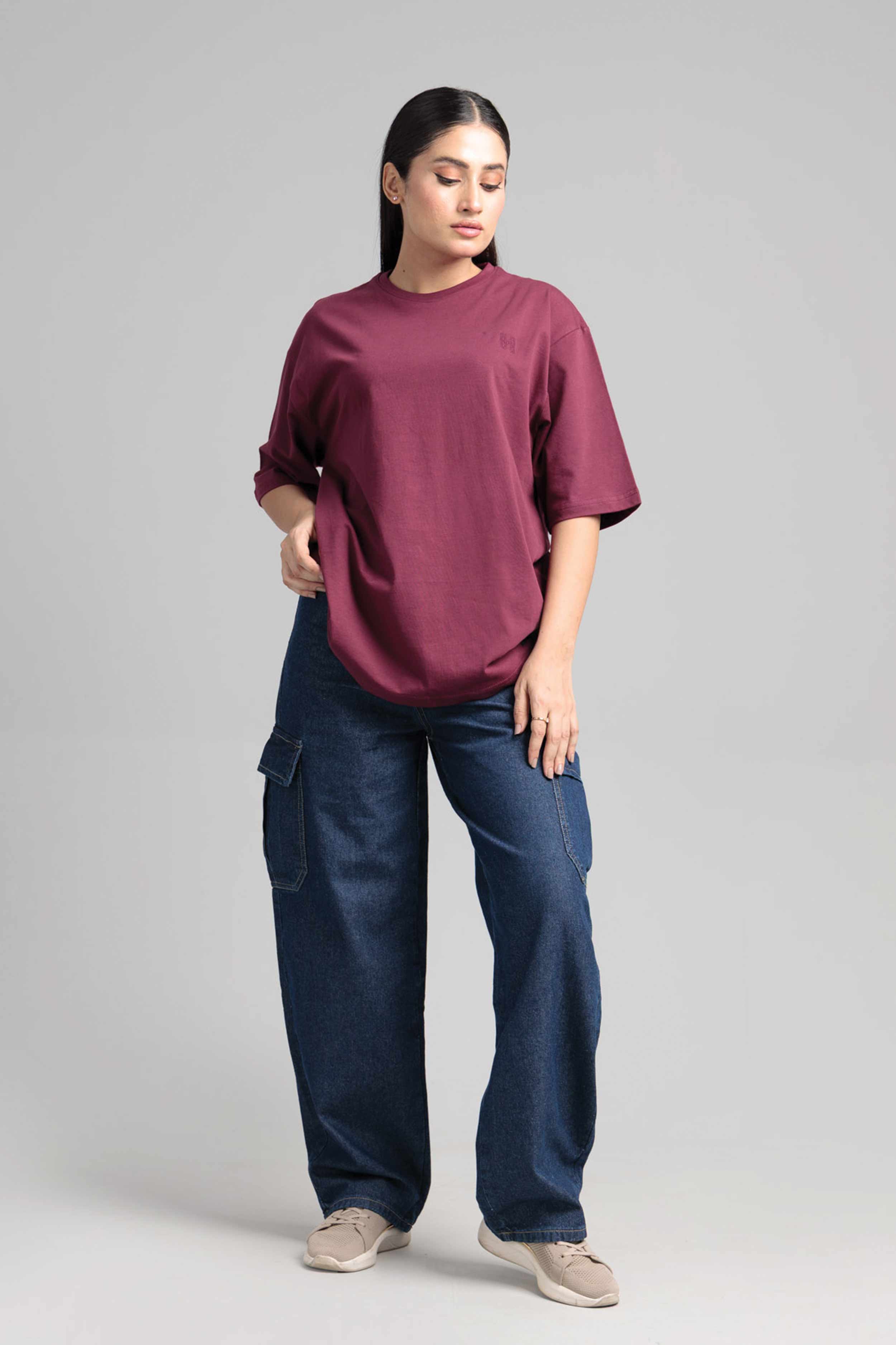 Women Boxy Fit Cotton T-Shirt - Maroon
