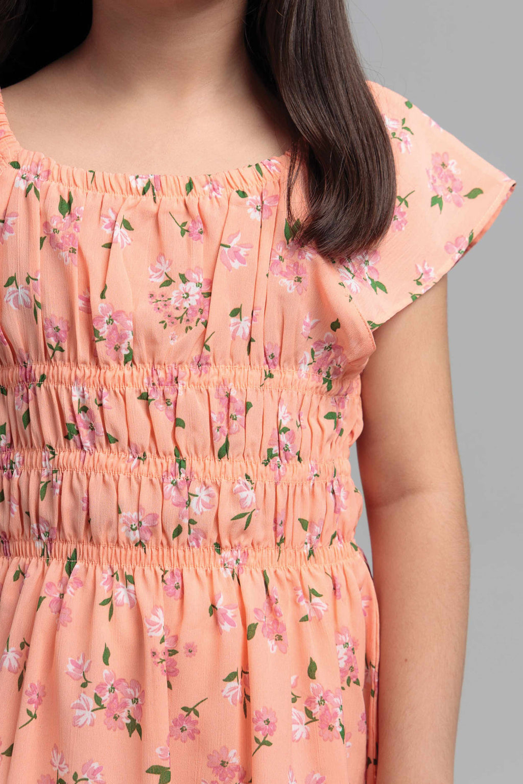 Girls' Cotton Blend Long Dress - Peach