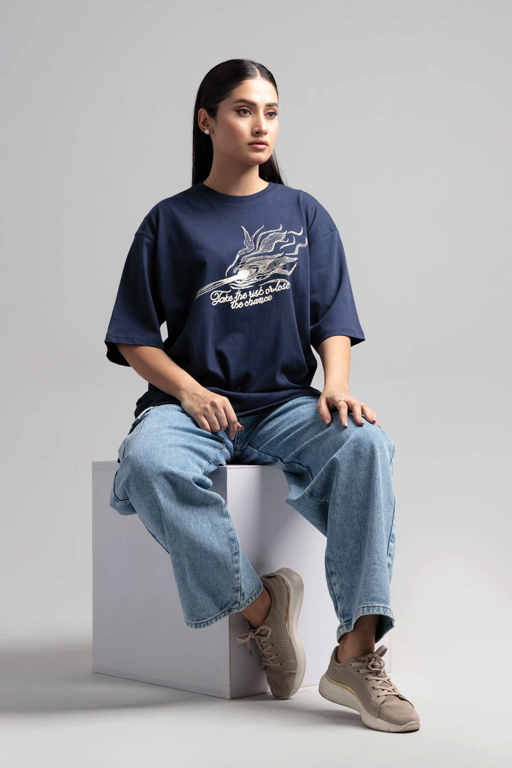 Women Boxy Fit Cotton T-Shirt -  Navy