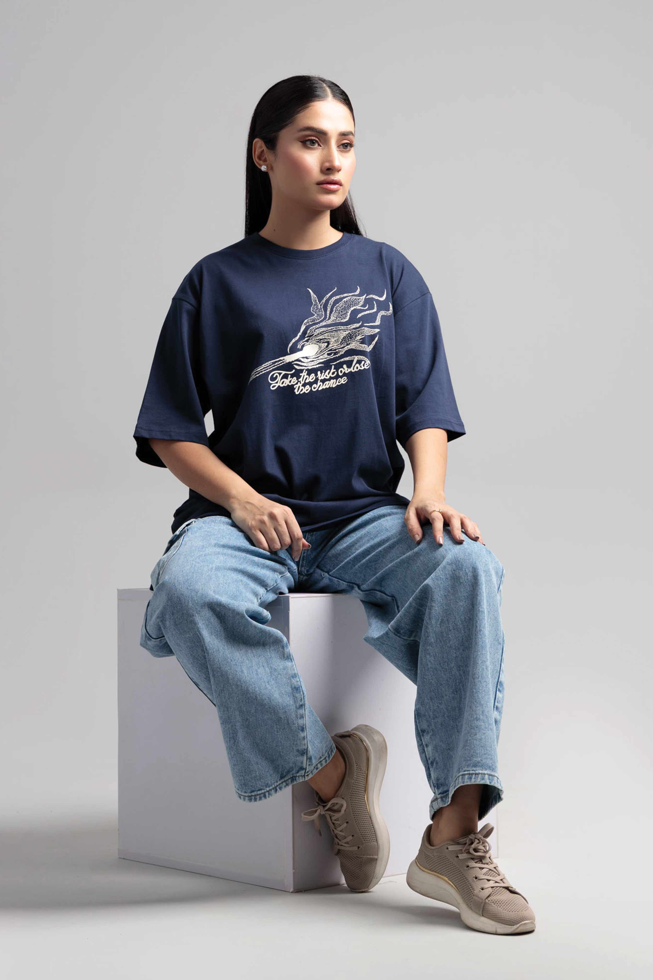 Women Boxy Fit Cotton T-Shirt -  Navy