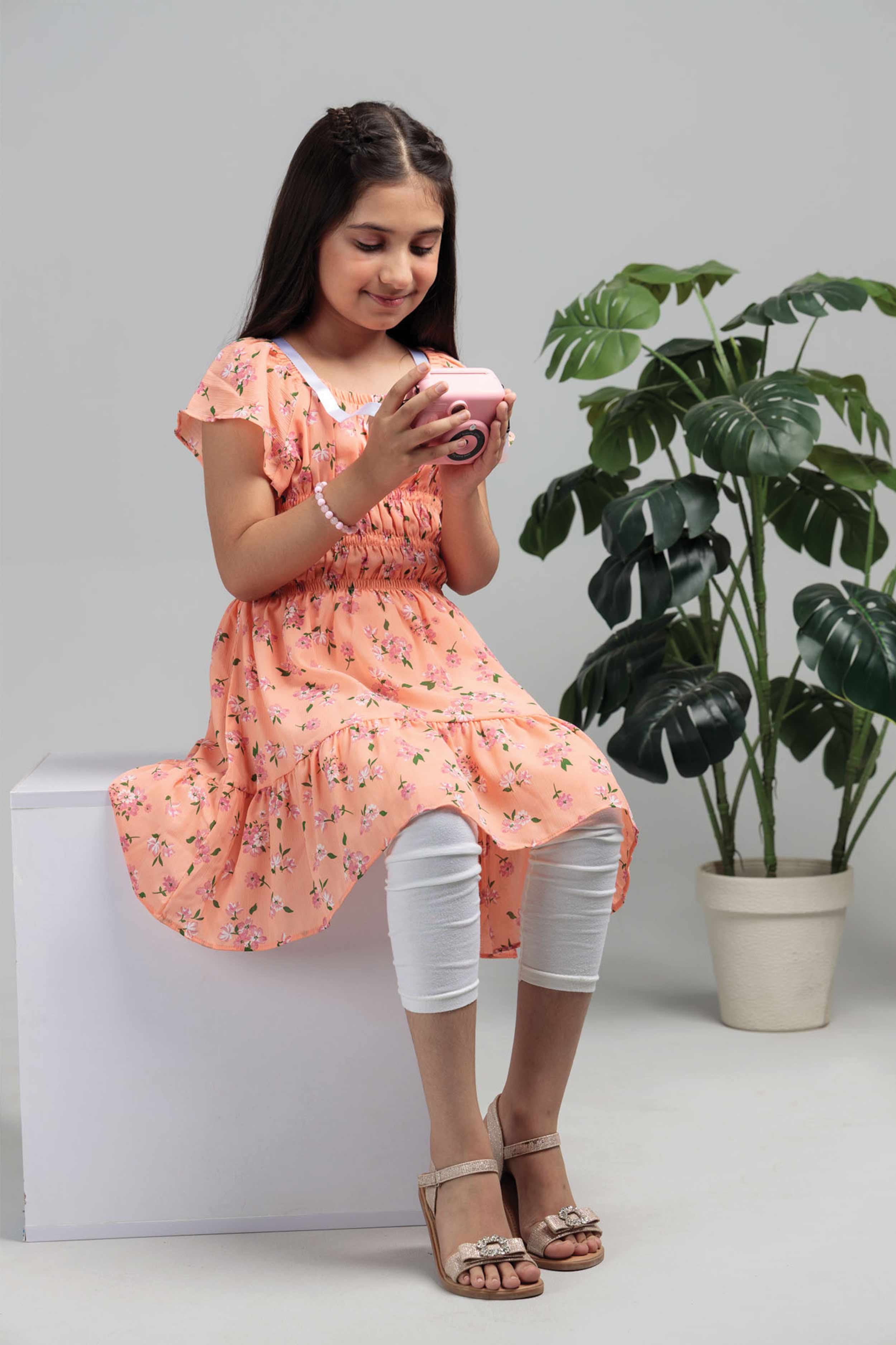 Girls' Cotton Blend Long Dress - Peach