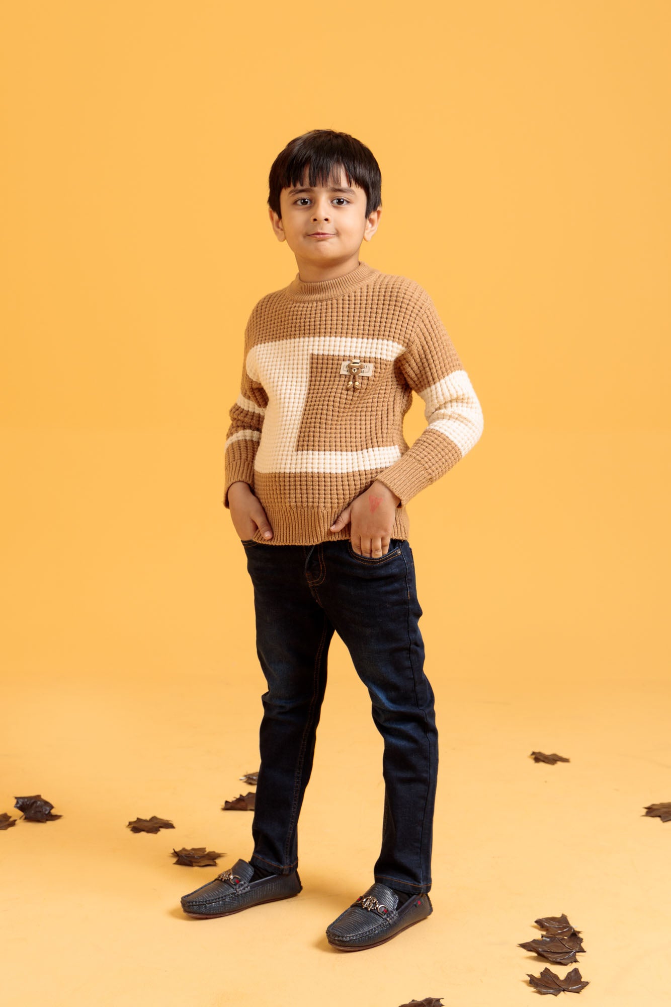 Little Boys R-Neck Wool Cardigan - Honey