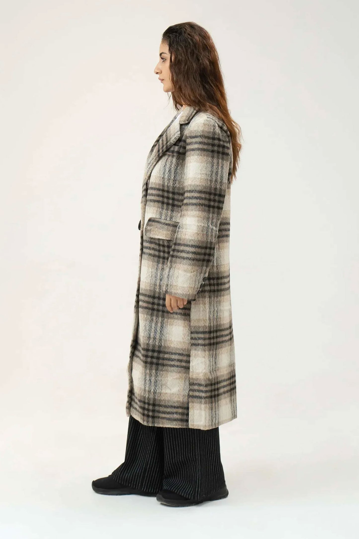 Women Long Wool Tweed Coat - Checkered