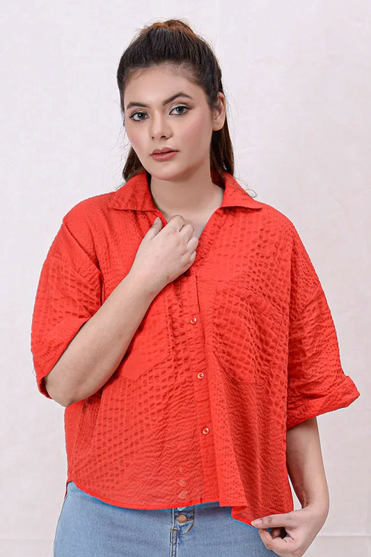 Women Basic Cropped Shirt – Red
