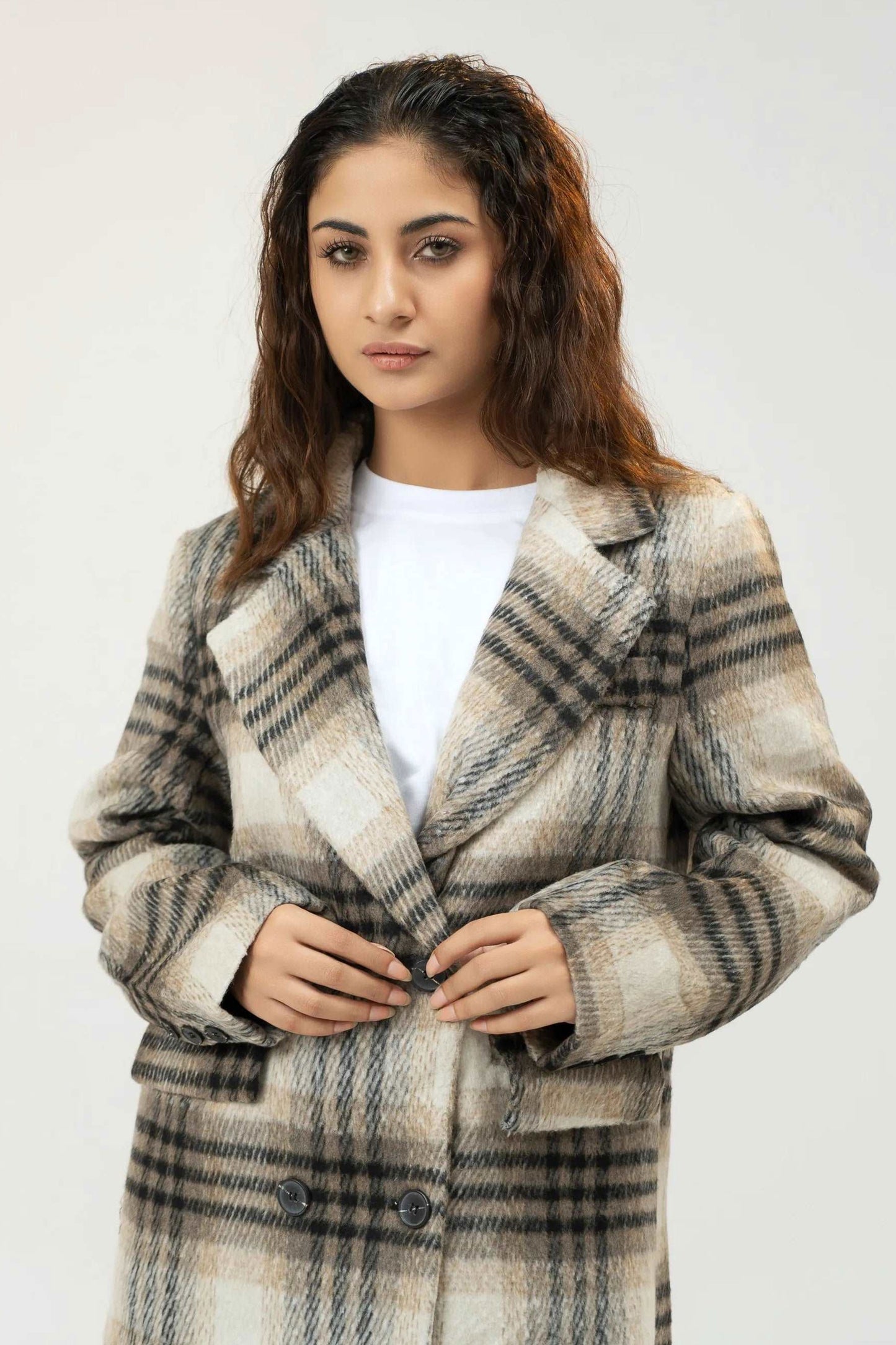 Women Long Wool Tweed Coat - Checkered