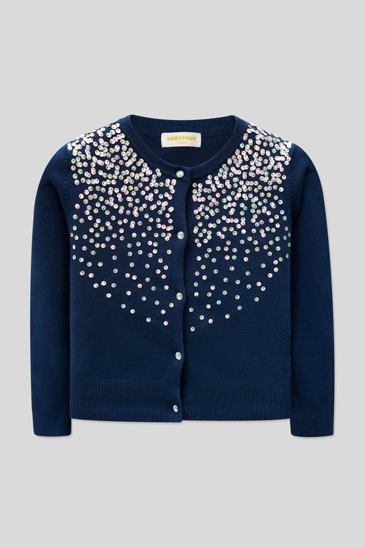 Junior Girls’ R-Neck Wool Cardigan - Navy
