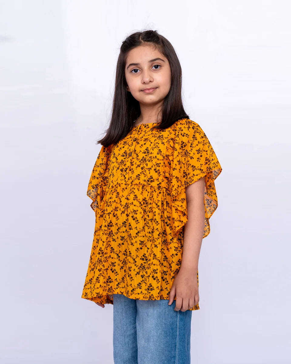 Shop Girls’ Orange Silk Printed Top Casual Wear by Harwage
