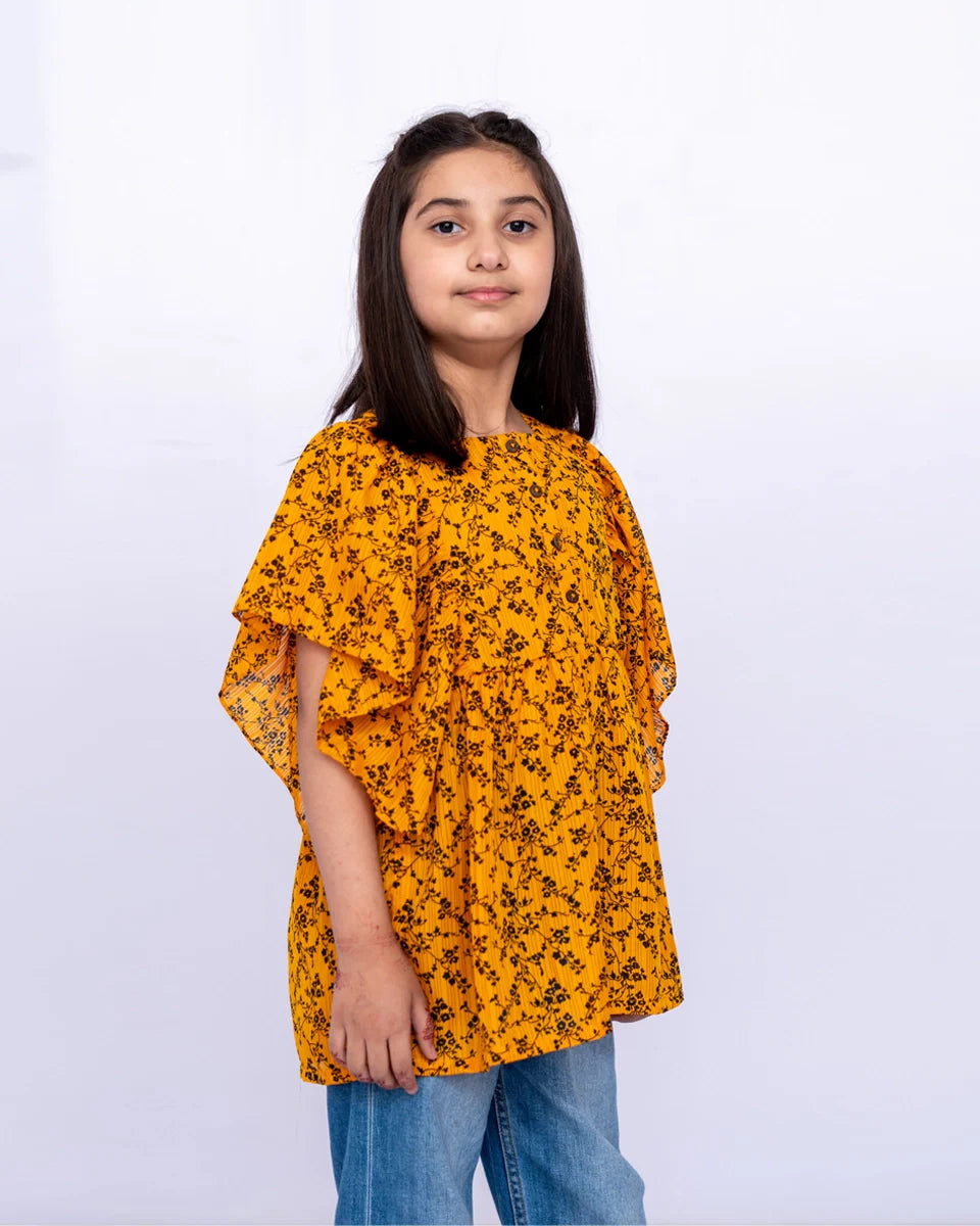 Girls Silk Printed Top – Orange
