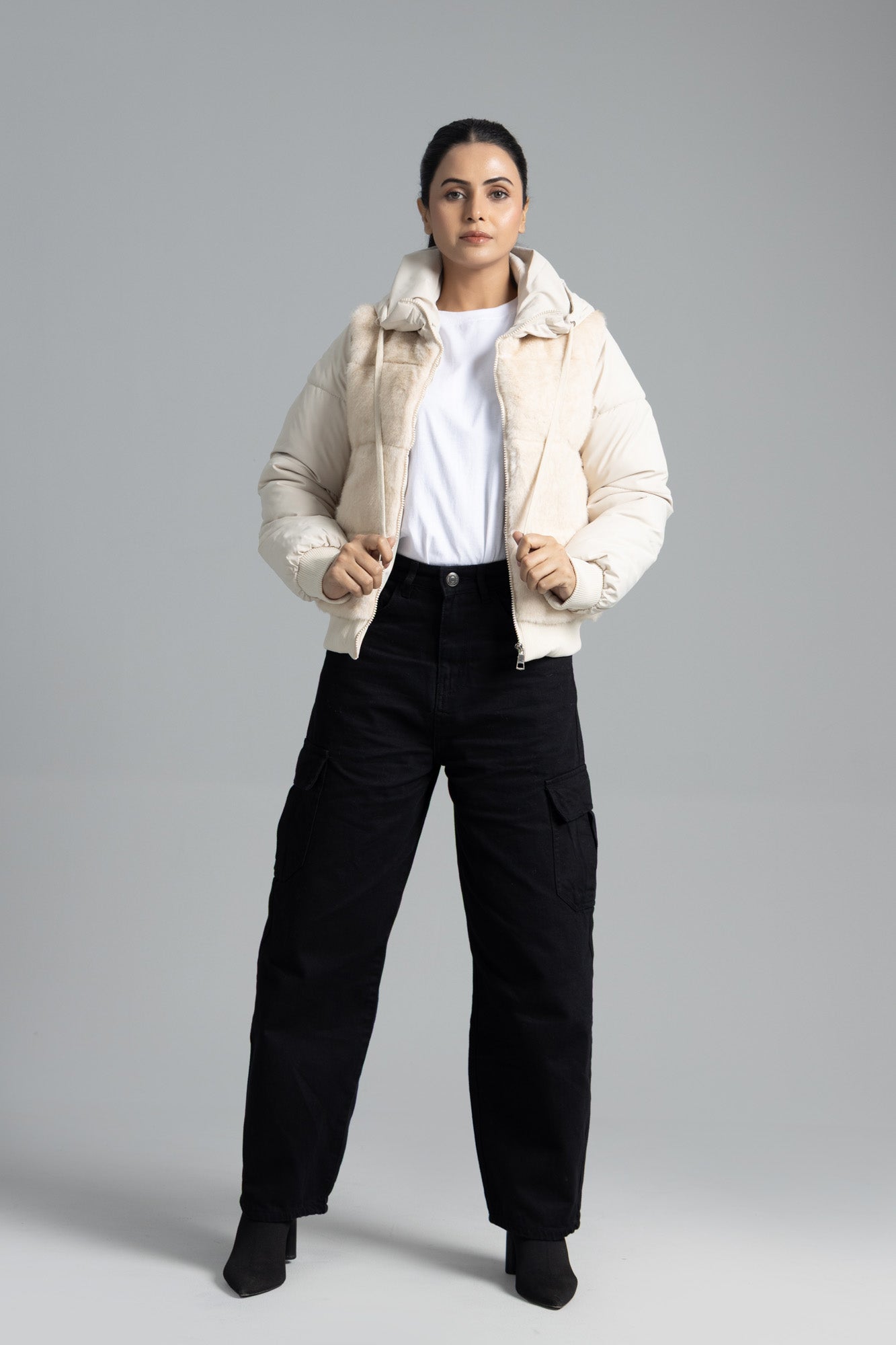 Woman Puffer Parachute Jacket - Pearl white