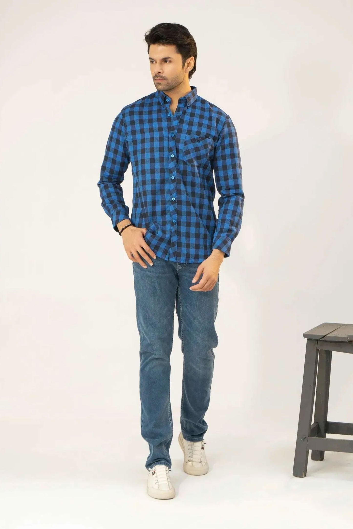 Men Casual Dress Shirt - Blue Checkered
