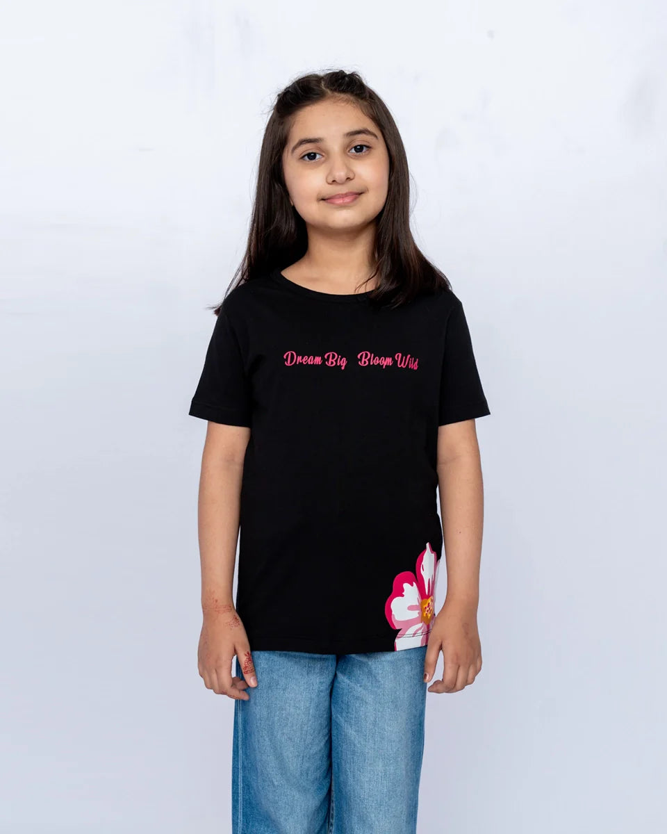 Girls Printed Graphic Tee – Black