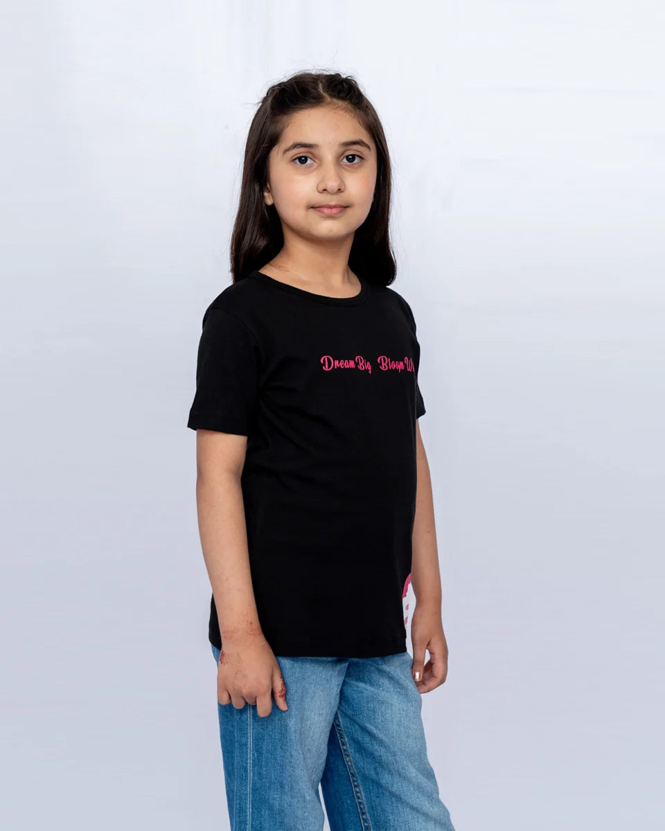 Girls Printed Graphic Tee – Black