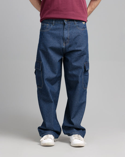 Men Skater Fit Cargo Denim Jeans - Indigo