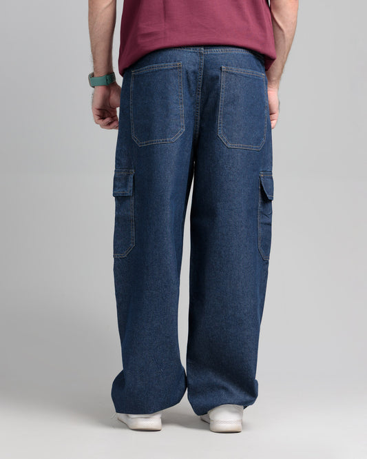Men Skater Fit Cargo Denim Jeans - Indigo