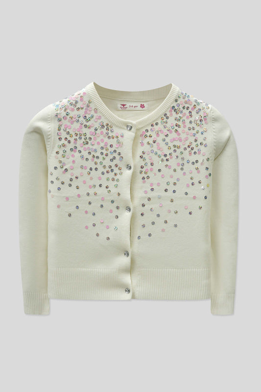 Junior Girls’  R-Neck Wool Cardigan - White
