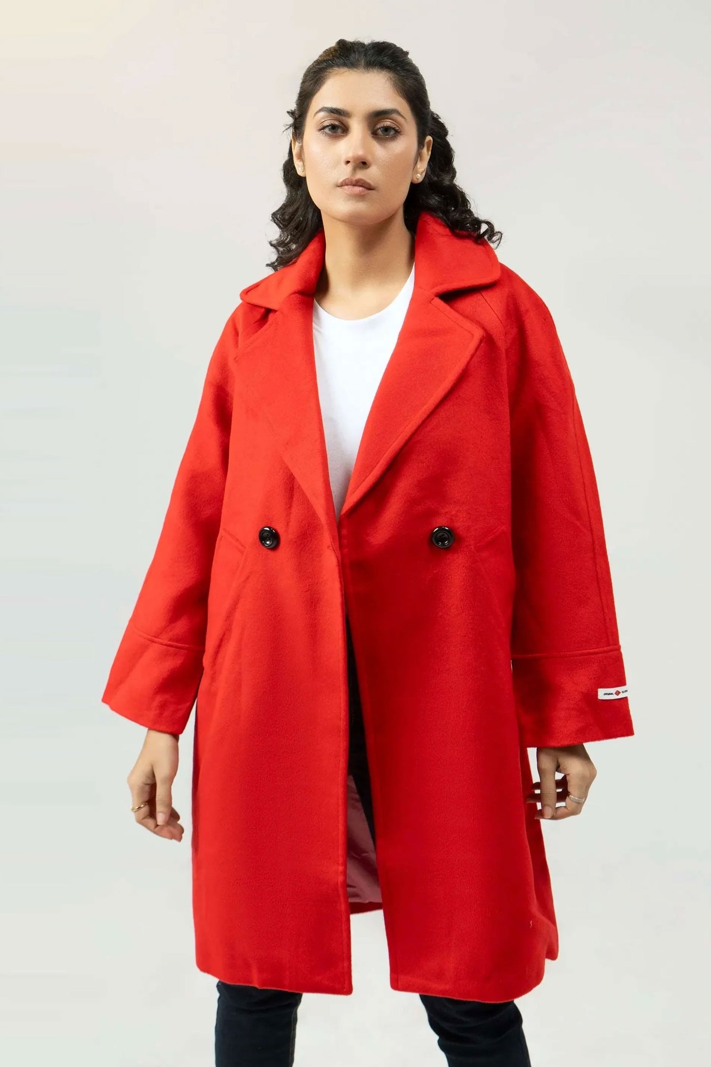 Women Long Wool Coat - Red