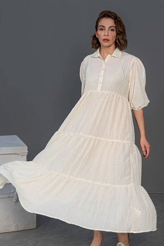 Women Long Frock Dress Shirt – Cream