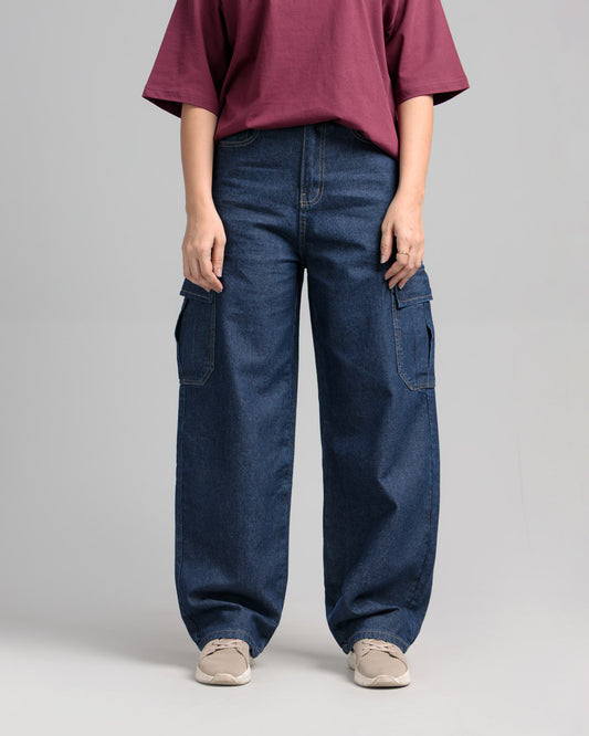 Women Skater Fit Cargo Denim Jeans - Indigo