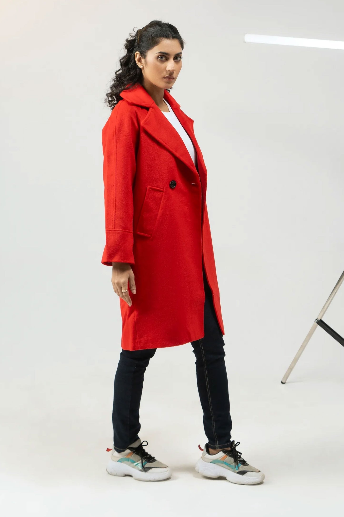 Women Long Wool Coat - Red
