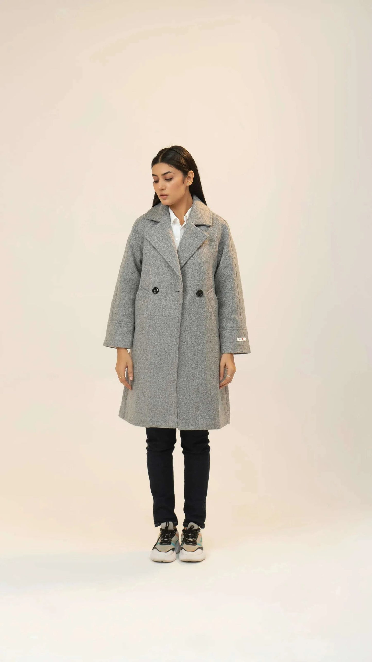 Women Long Wool Coat - Gray - Harwage