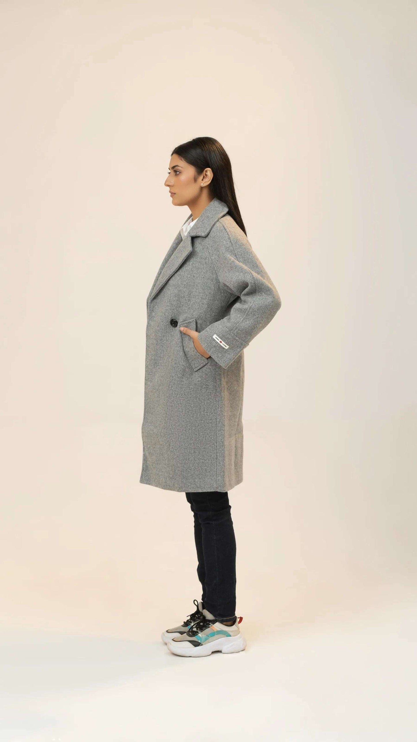 Women Long Wool Coat - Gray - Harwage
