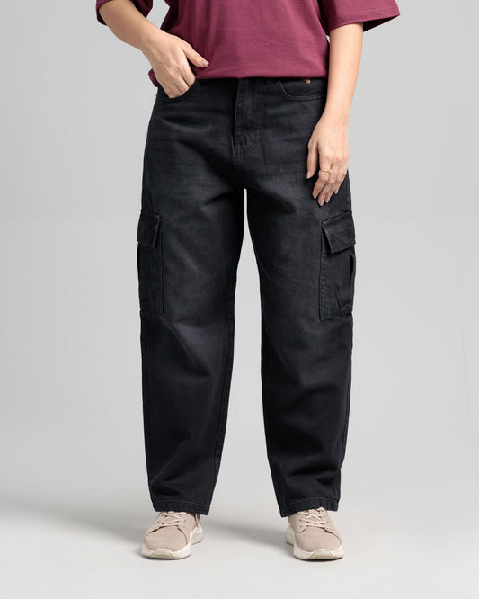 Women Loose Fit Cargo Denim Jeans - Charcoal