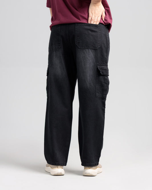 Women Loose Fit Cargo Denim Jeans - Charcoal
