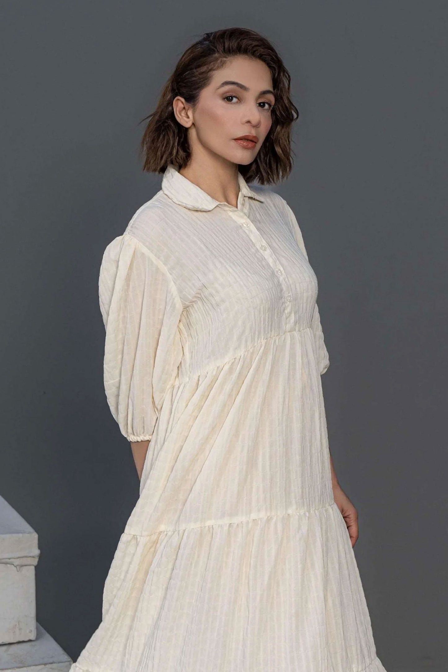 Women Long Frock Dress Shirt – Cream