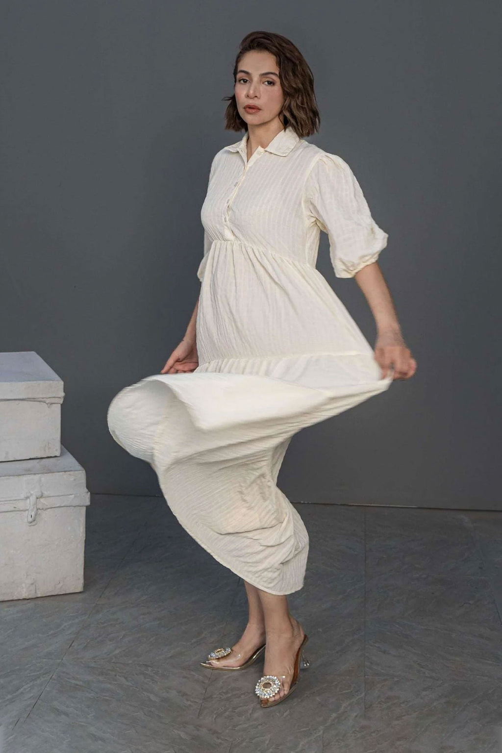 Women Long Frock Dress Shirt – Cream