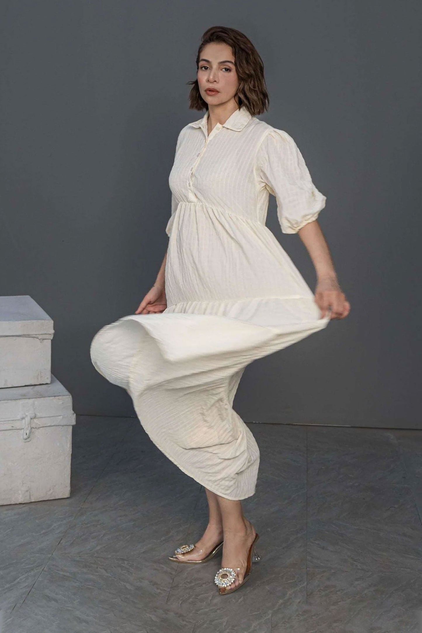 Women Long Frock Dress Shirt – Cream