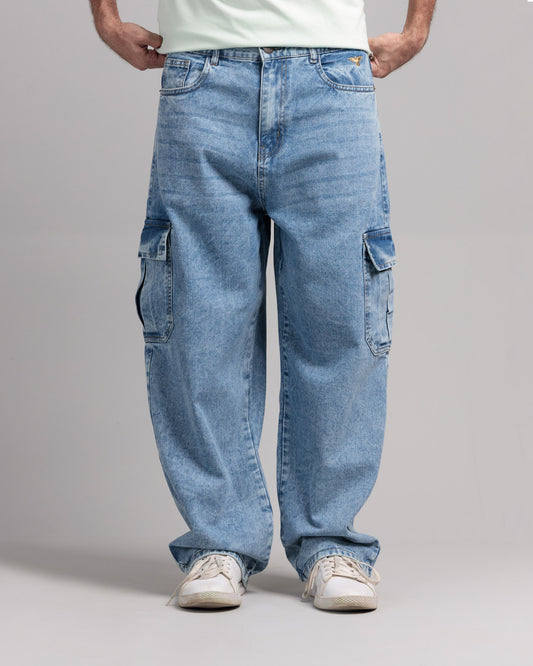 Men Skater Fit Cargo Denim Jeans - Ice Blue