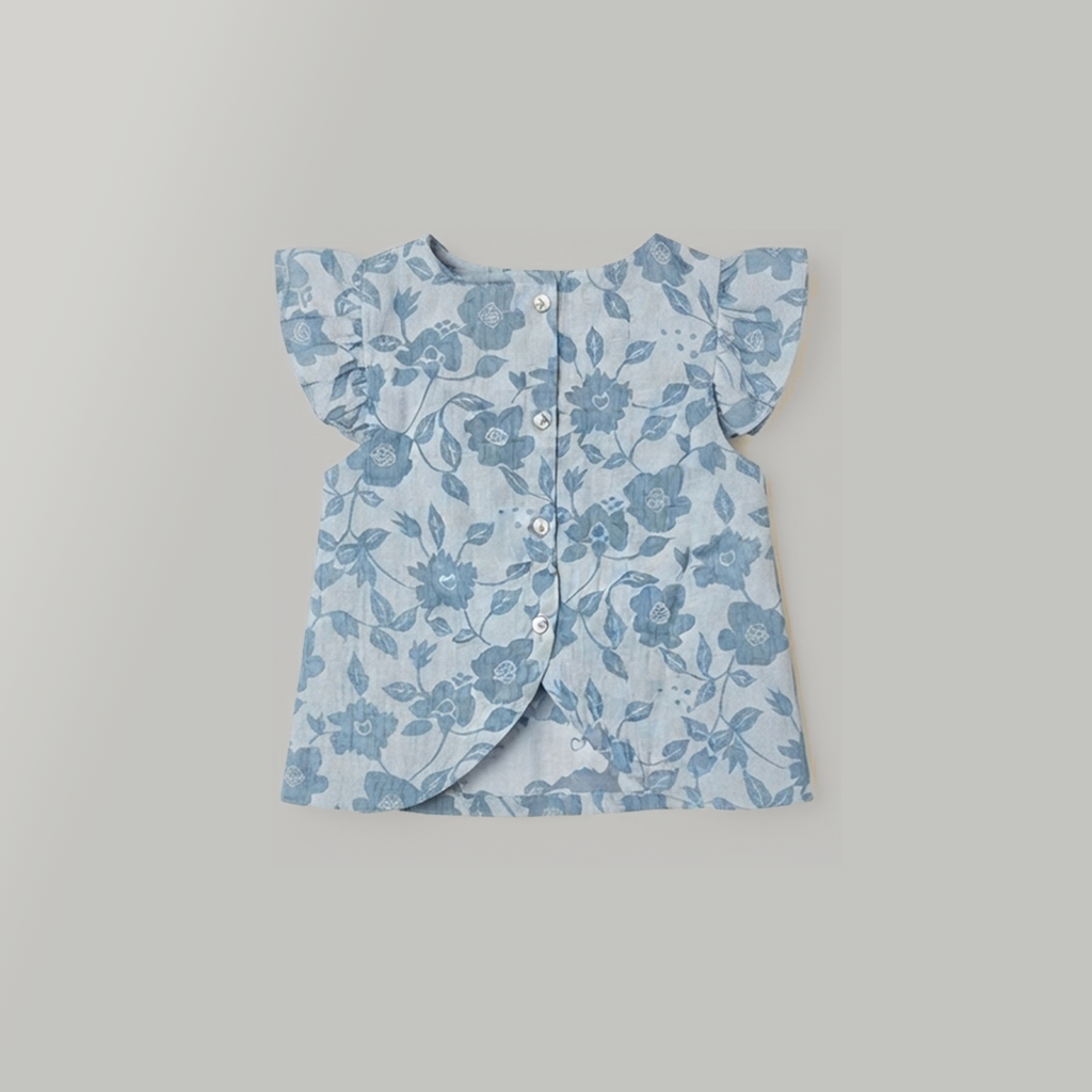 Girls Blue Floral Print Ruffle Sleeve Cotton Top- Illusion Blue