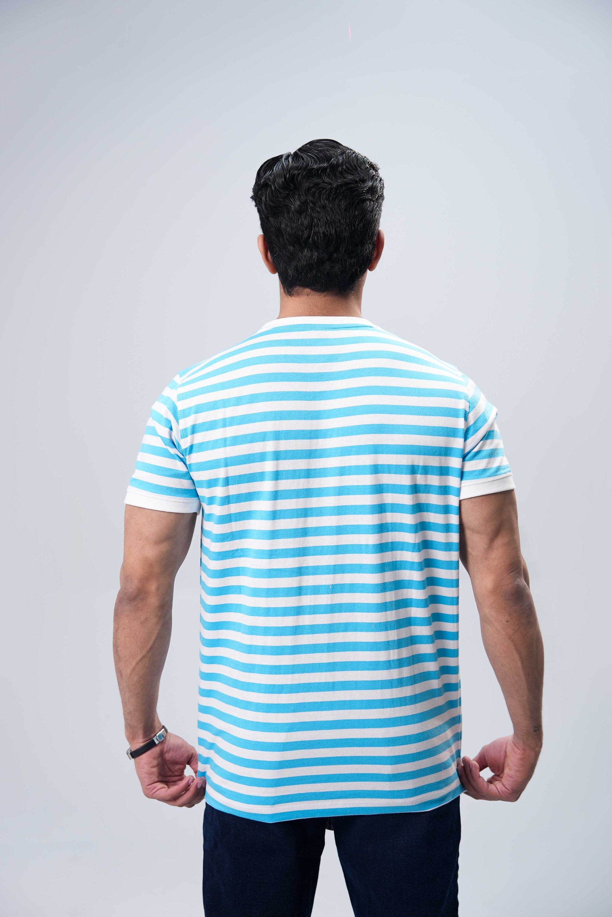 Men's Yarn Dyed Striped T-Shirt - Cyan Blue